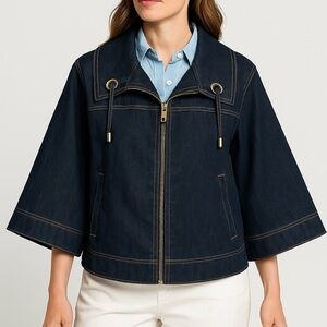 Proportion Petite Weekend Denim Jean Jacket 3/4 Sleeve 90s Wide Lapel +Gromets S